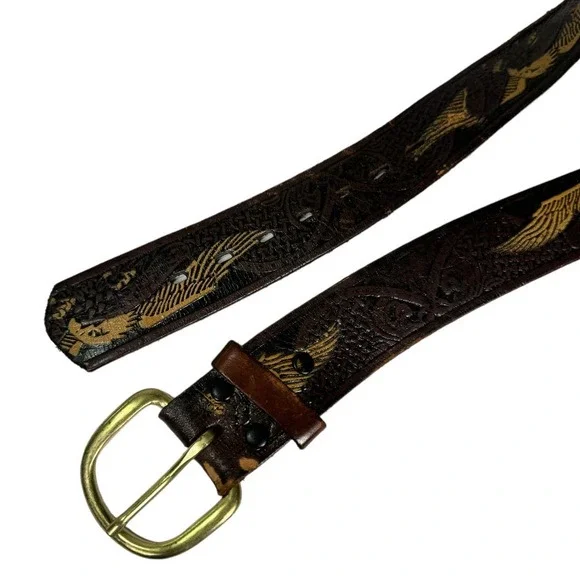 Wrangler Eagle Tooled Leather Belt Brown 38 Western Nature Boho Gorpcore Granola - Picture 4 of 5